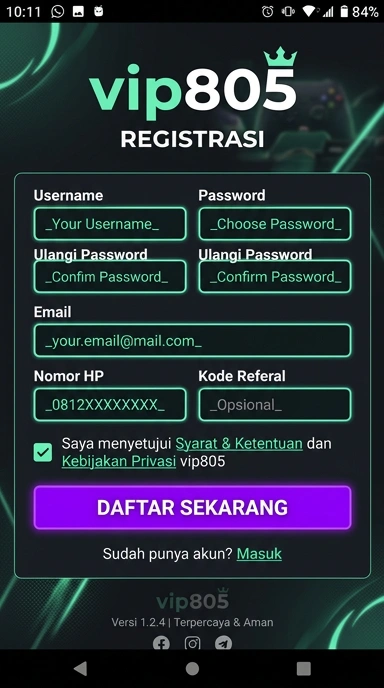 Tampilan halaman daftar vip805